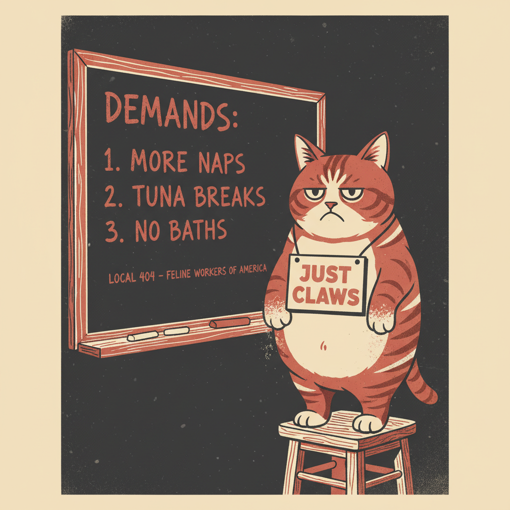 A grumpy union cat on the picket line